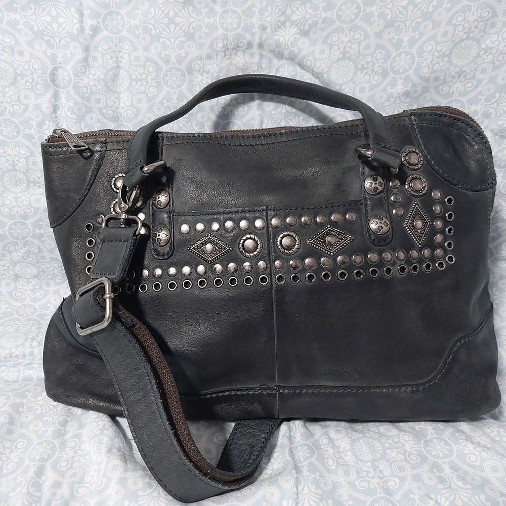 Patricia Nash Burnished Boho Distressed Black Studded Satchel